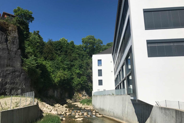 Szene mit einem Bachlauf neben einem modernen Gebäude und einem bewaldeten Hang.