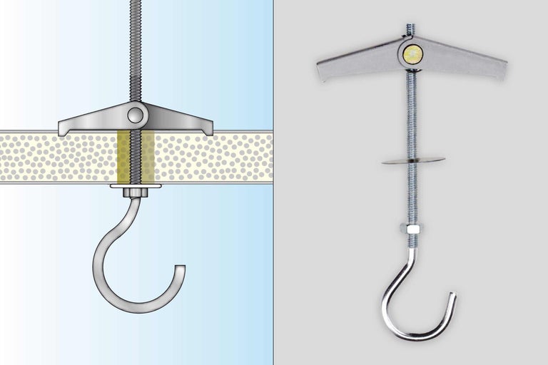 Cheville à bascule avec crochet pour fixation au plafond