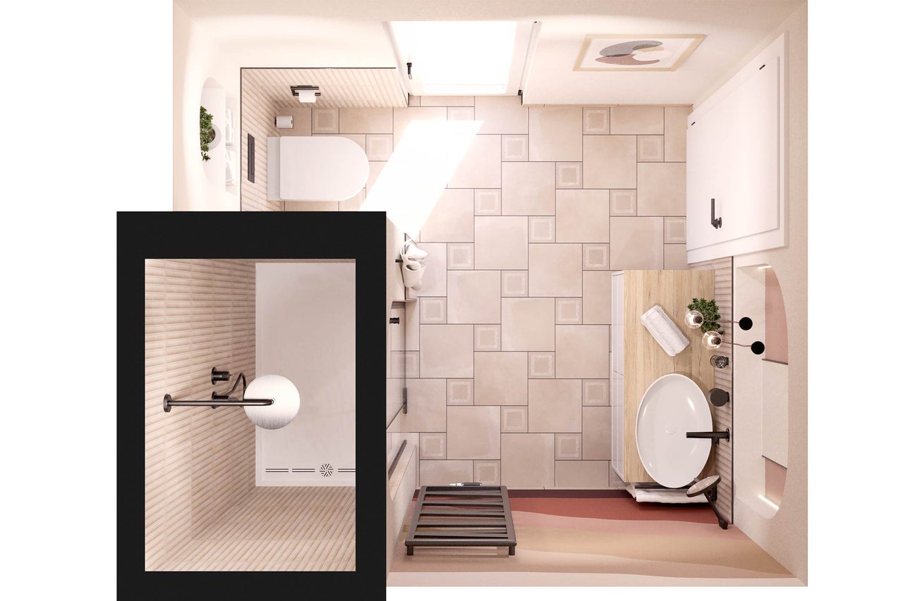 Salle de bain avec toilettes, lavabo, douche et radiateur en vue plongeante