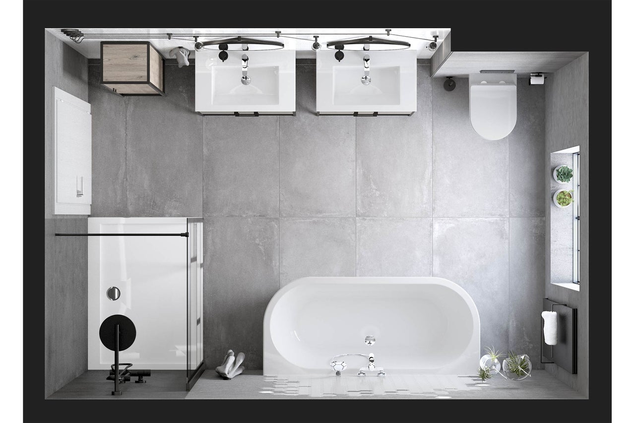 Vue de dessus d'une salle de bains avec douche, baignoire, lavabo et WC