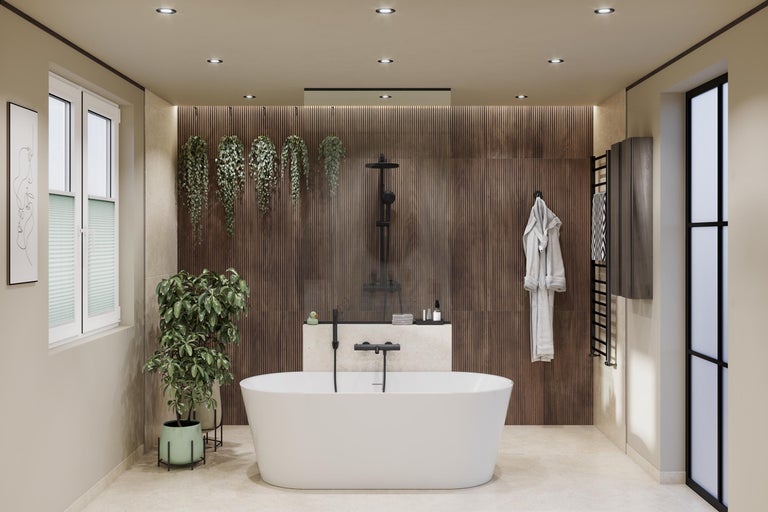 Modernes Badezimmer mit weisser freistehender Badewanne, schwarzen Armaturen, Holzwand, Pflanzen und Dusche mit Glaswand.