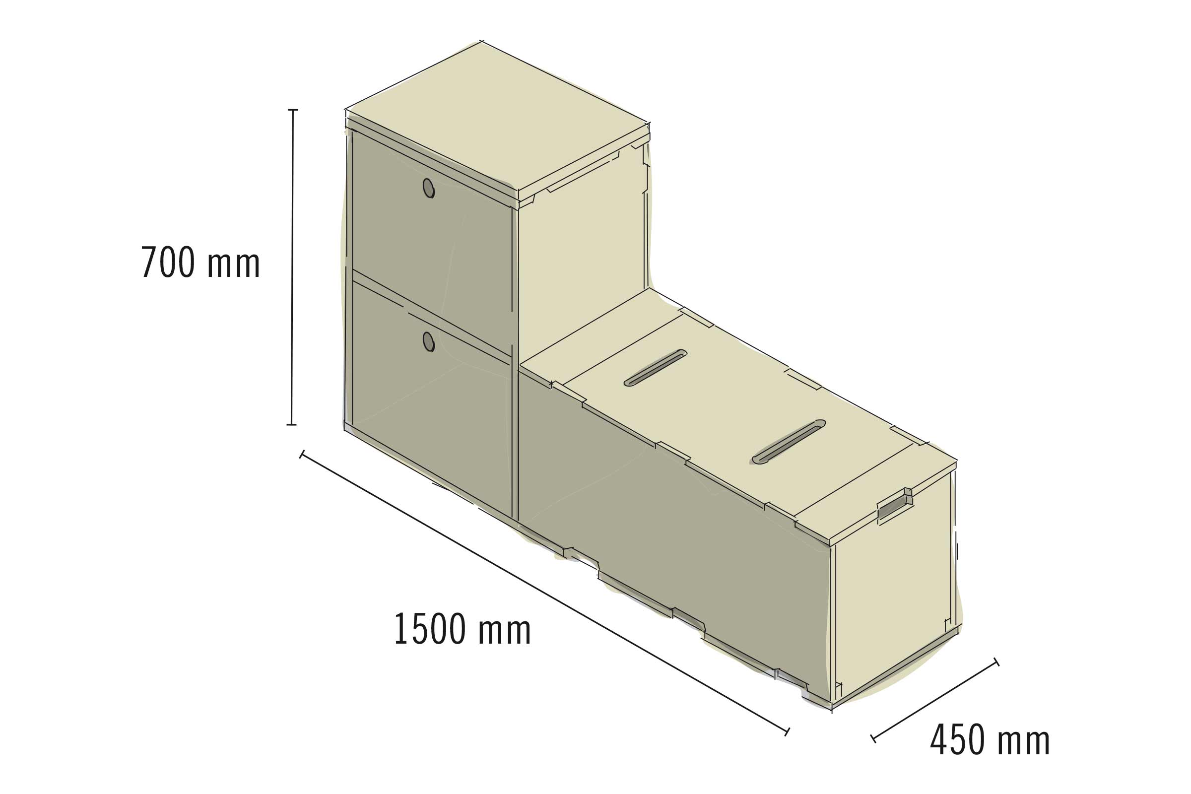 Dessin d'un système d'étagères avec deux tiroirs et une banquette aux dimensions suivantes : 700 mm de hauteur, 1 500 mm de longueur et 450 mm de largeur