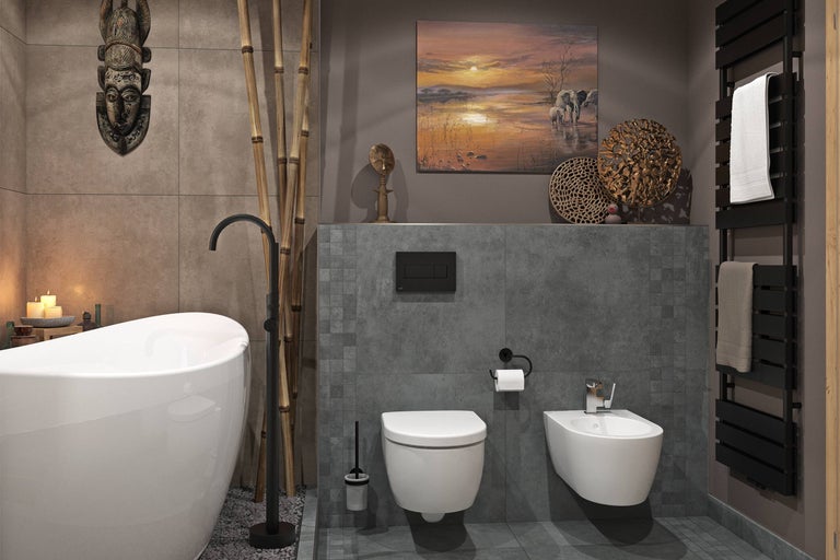 Salle de bains moderne avec baignoire îlot, WC suspendu et bidet devant des carreaux gris
