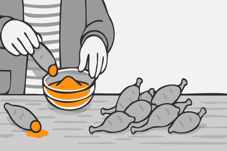 Illustration von Person, die Süsskartoffel in eine Schüssel mit Pulver taucht