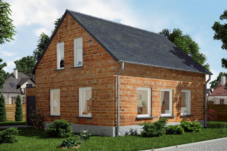 Vue d'une maison à deux étages avec des murs en briques et des tuiles.