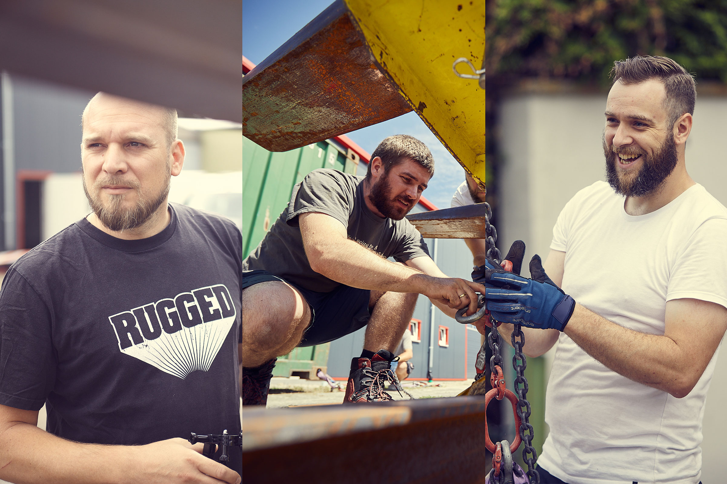 Collage von drei Männern, die an einem Bauprojekt arbeiten