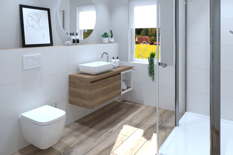 Salle de bains lumineuse avec WC, meuble lavabo avec sous-meuble en bois et douche