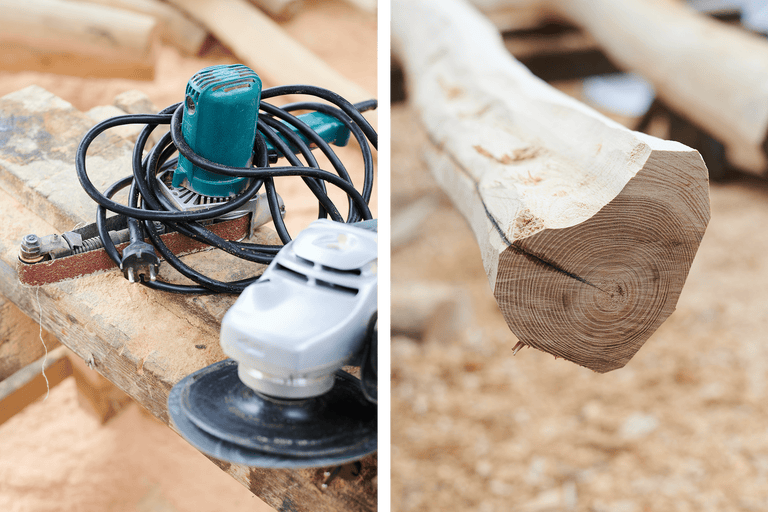 Ponceuse et tronc d'arbre sur une surface en bois
