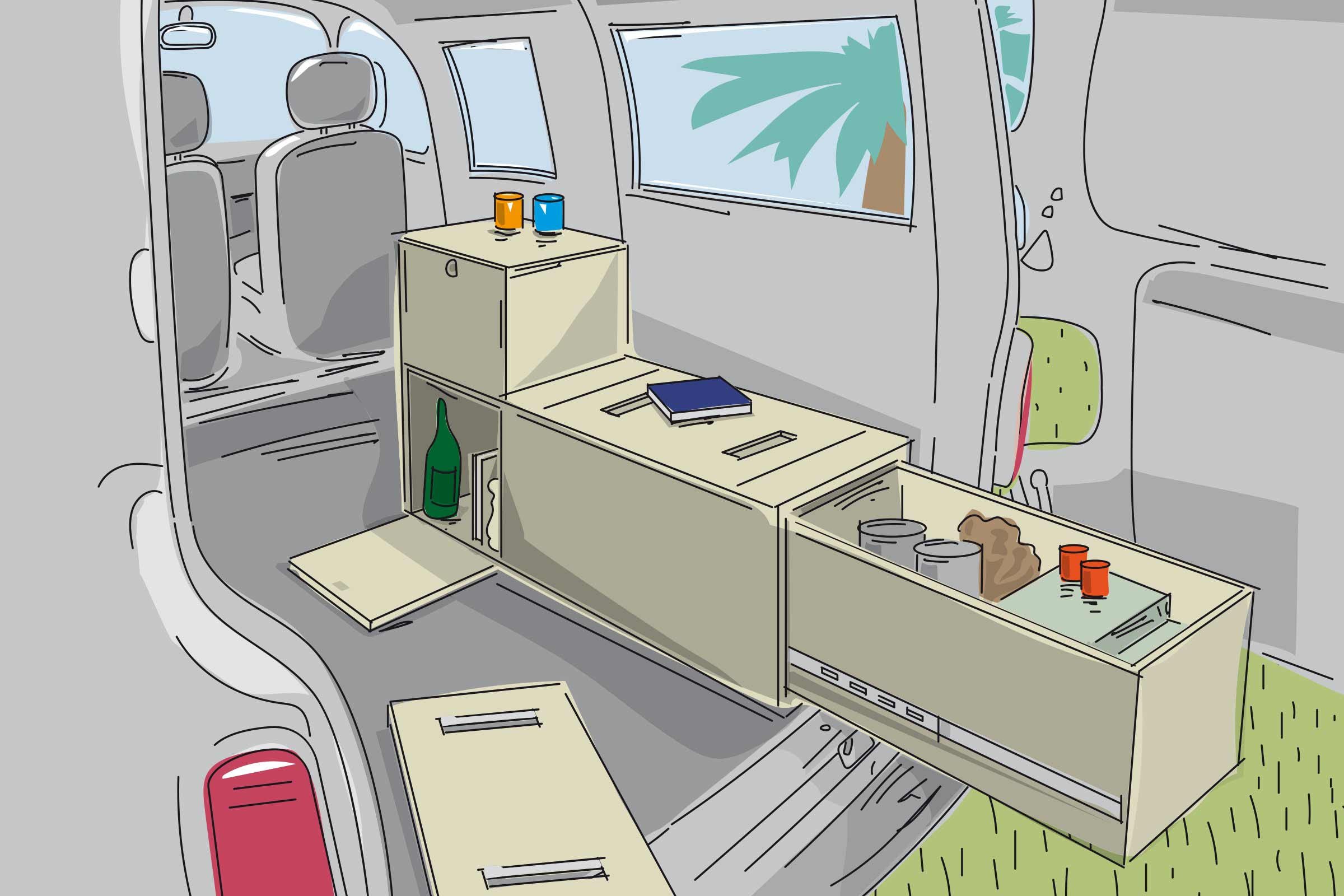 Illustration d'une camionnette transformée avec des meubles de rangement en bois