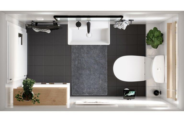 Vue aérienne d'une salle de bains avec lavabo, toilettes, baignoire et décoration