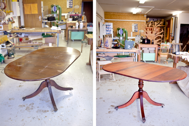 Ein Vergleichsbild zeigt einen ovalen Holztisch mit Sockelfuß in einem Werkstattambiente, einmal vor und einmal nach der Restaurierung.