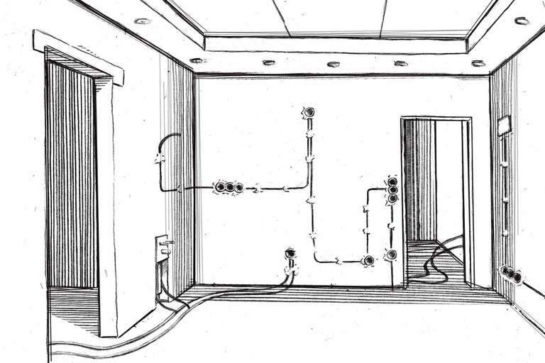 Illustration d'une pièce avec des installations électriques sur les murs et un éclairage au plafond