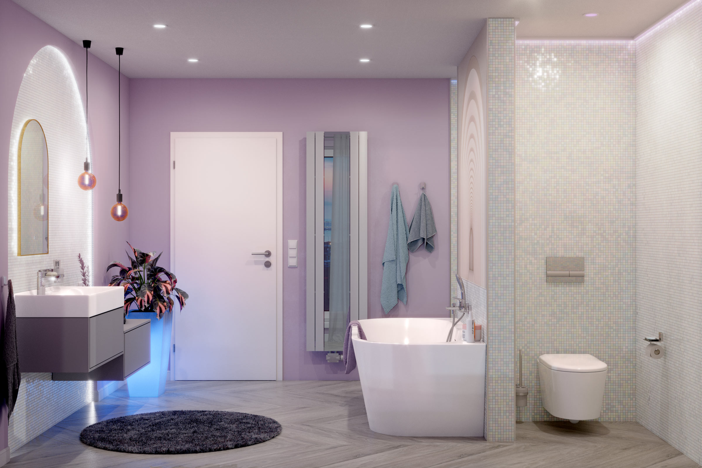 Salle de bain lumineuse avec baignoire, meuble sous-vasque et mosaïque