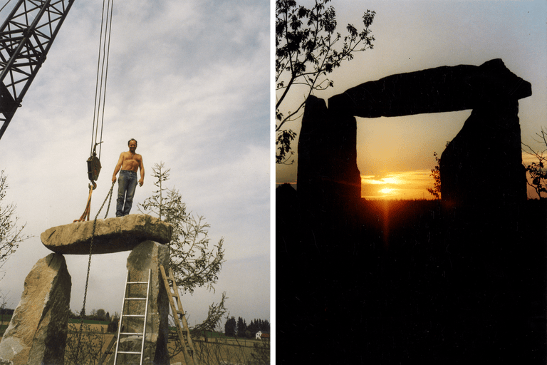 Montage d'images d'un monument en pierre en construction et d'une silhouette d'un monument en pierre au coucher du soleil.