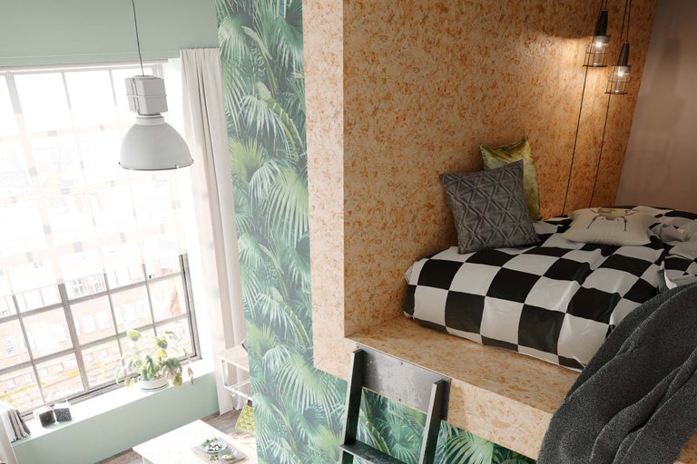 Pièce lumineuse avec lit mezzanine, échelle, fenêtre, lampe et papier peint à motifs