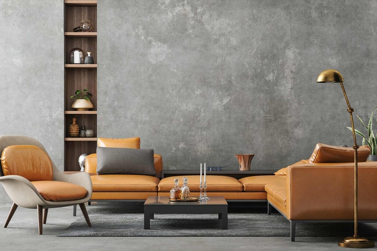 Salon avec canapé en cuir, fauteuil, table basse et bibliothèque