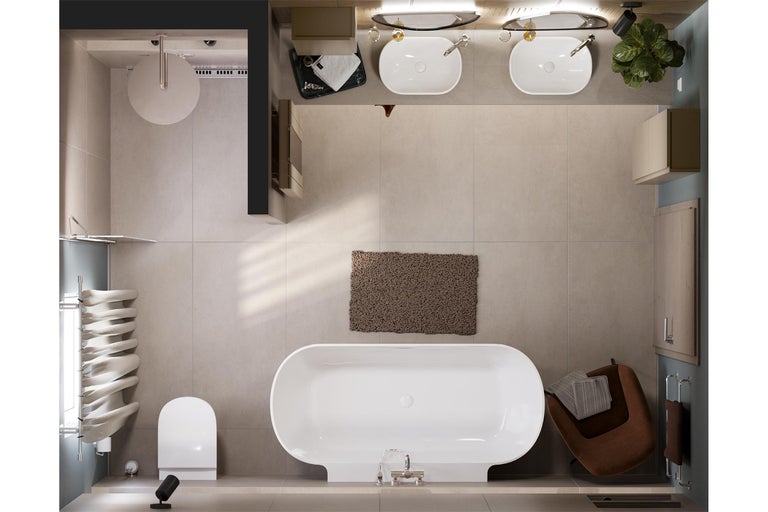 Vue aérienne d'une salle de bains avec baignoire, lavabos, toilettes et sèche-serviettes.