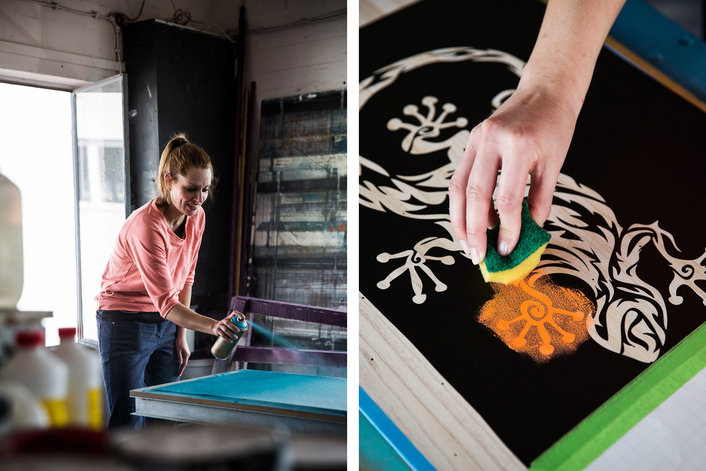Femme vaporise de la peinture et applique de la peinture avec une éponge sur un pochoir