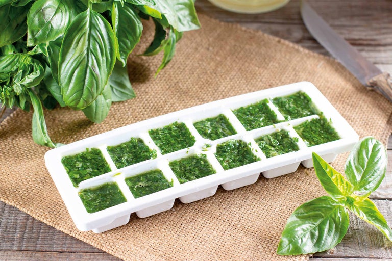 Eiswürfelbehälter mit gefrorenem Basilikum auf einem Tisch