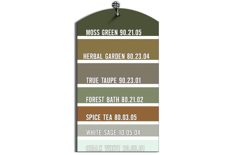 Échantillon de couleurs avec les couleurs Vert mousse, Jardin d'herbes, Taupe véritable, Bain de forêt, Thé aux épices, Sauge blanche et Blanc craie