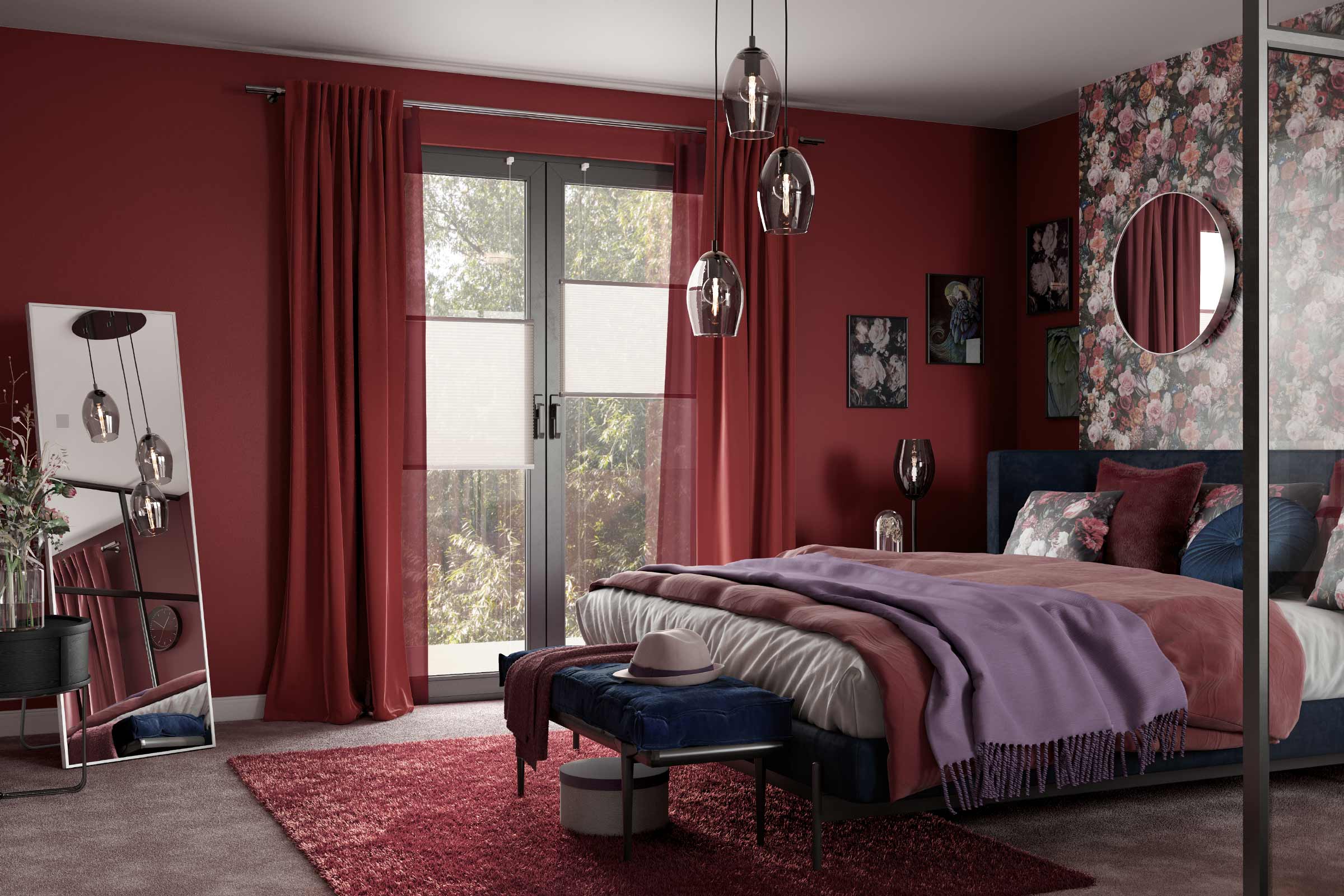 Chambre à coucher avec lit, rideaux, tapis, miroir et éclairage