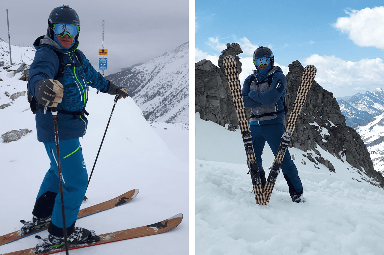 Zweiteiliges Bild zeigt eine Person beim Skifahren in einer Berglandschaft.
