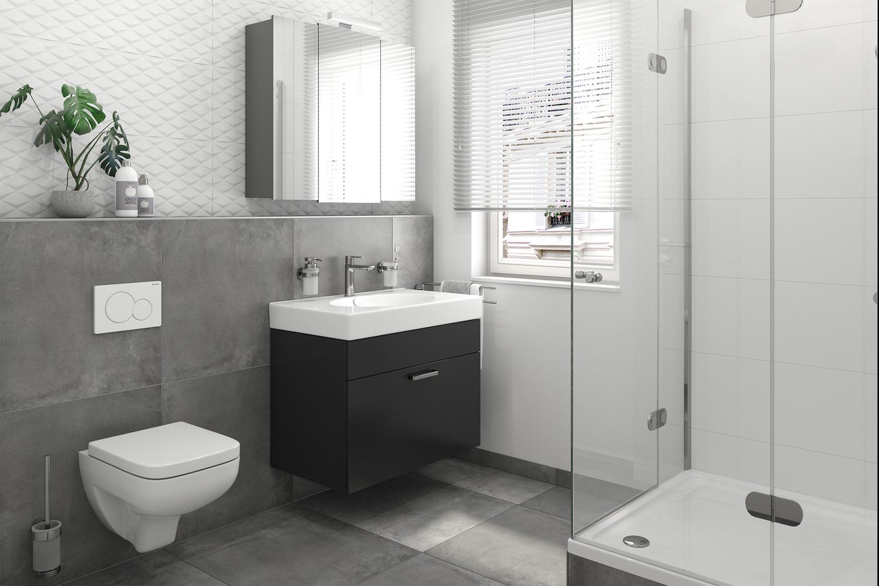 Modernes Badezimmer mit Waschtisch, Spiegelschrank, Toilette und Dusche