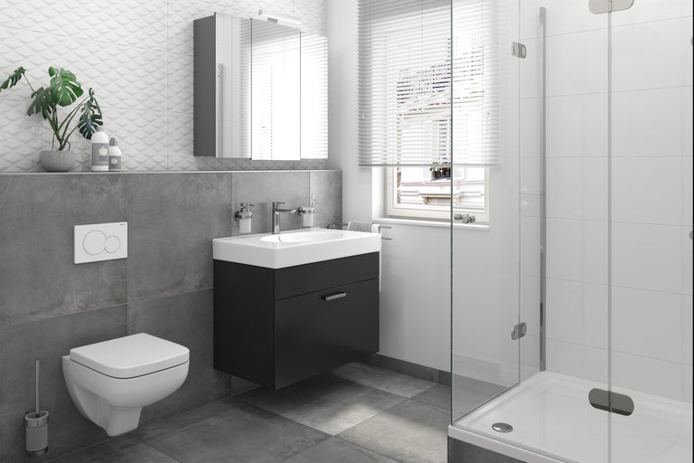 Salle de bain moderne avec lavabo, armoire de toilette, WC et douche