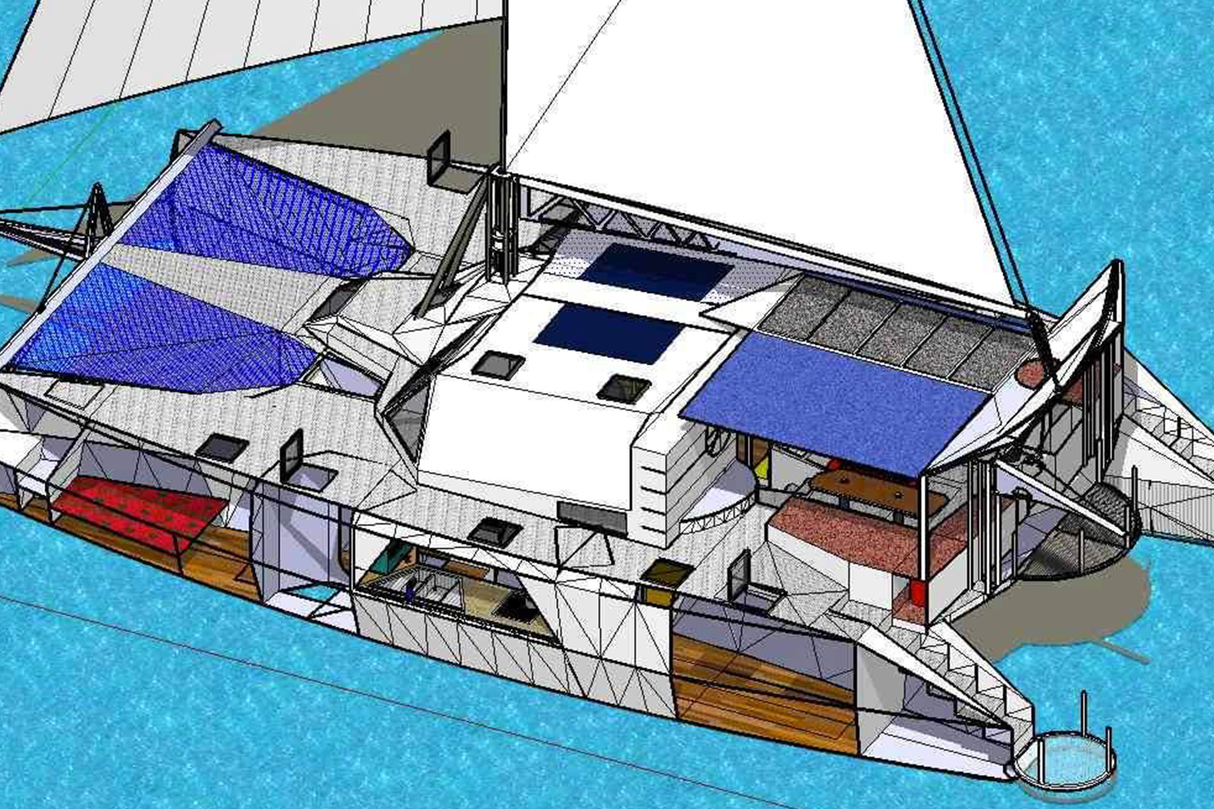 Illustration eines Mehrrumpfbootes mit Segeln