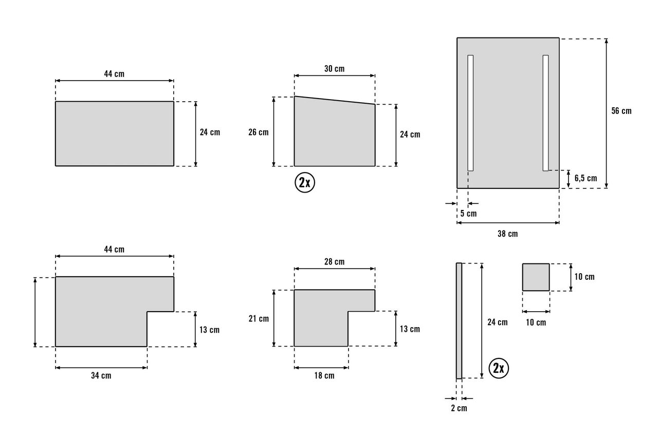 Dimensions de différentes parties de meubles en centimètres