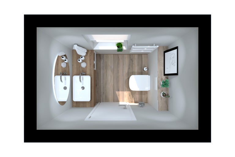 Vue aérienne d'une salle de bains avec double vasque, toilettes, sèche-serviettes et décoration