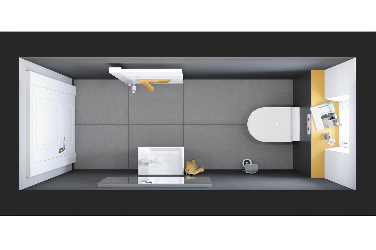 Aufsicht eines Badezimmers mit Toilette, Waschbecken und Dusche