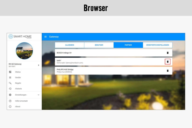 Smart Home Gateway Browseransicht mit Geräteoptionen