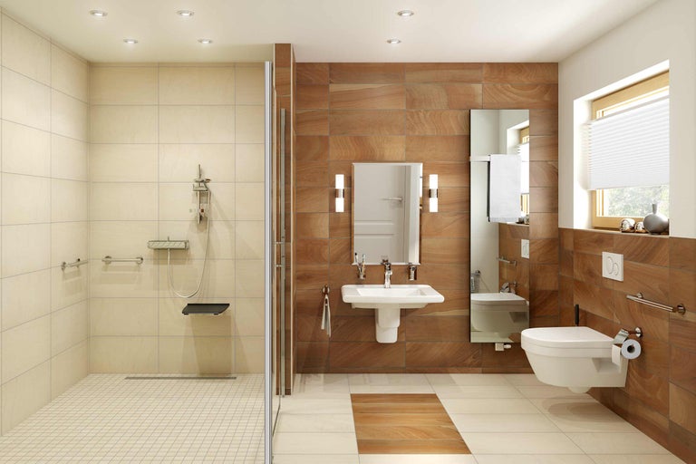 Barrierefreies Badezimmer mit Dusche, Waschtisch und Toilette mit Haltegriffen.
