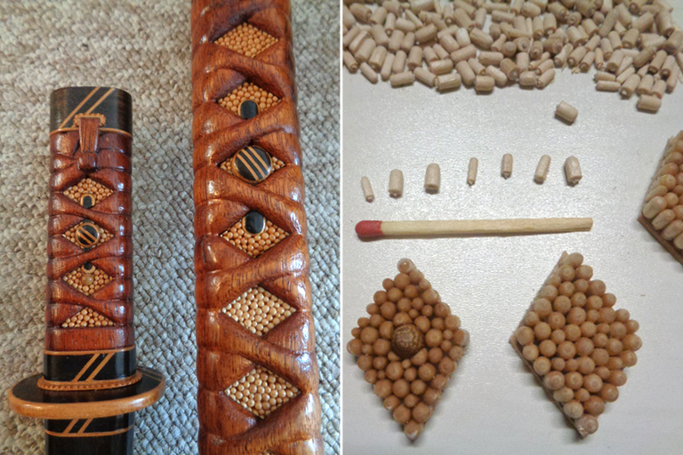 Chevilles en bois et manche en bois décoré