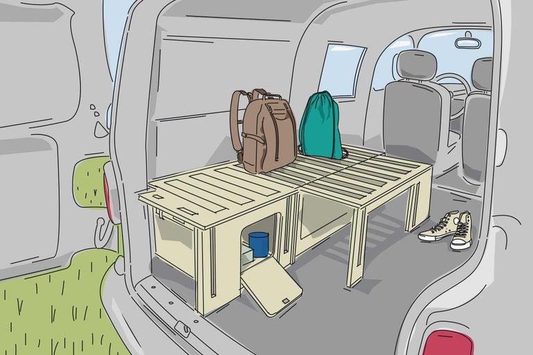 Illustration eines umgebauten Lieferwagens mit Plattform, Rucksack und Schuhen