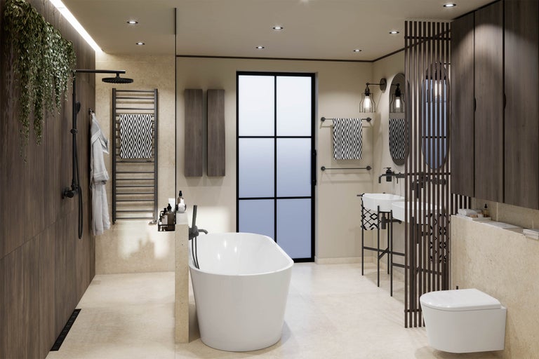 Salle de bains moderne avec baignoire en îlot, douche à l'italienne avec robinetterie noire, double vasque et éléments en bois.