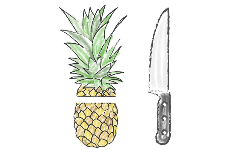 Illustration d'un ananas coupé et d'un couteau de cuisine