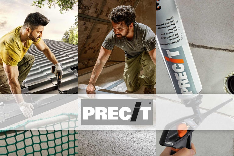 Collage avec le logo Precit, un homme posant des tuiles, un homme posant un matériau isolant et utilisant de la mousse expansive