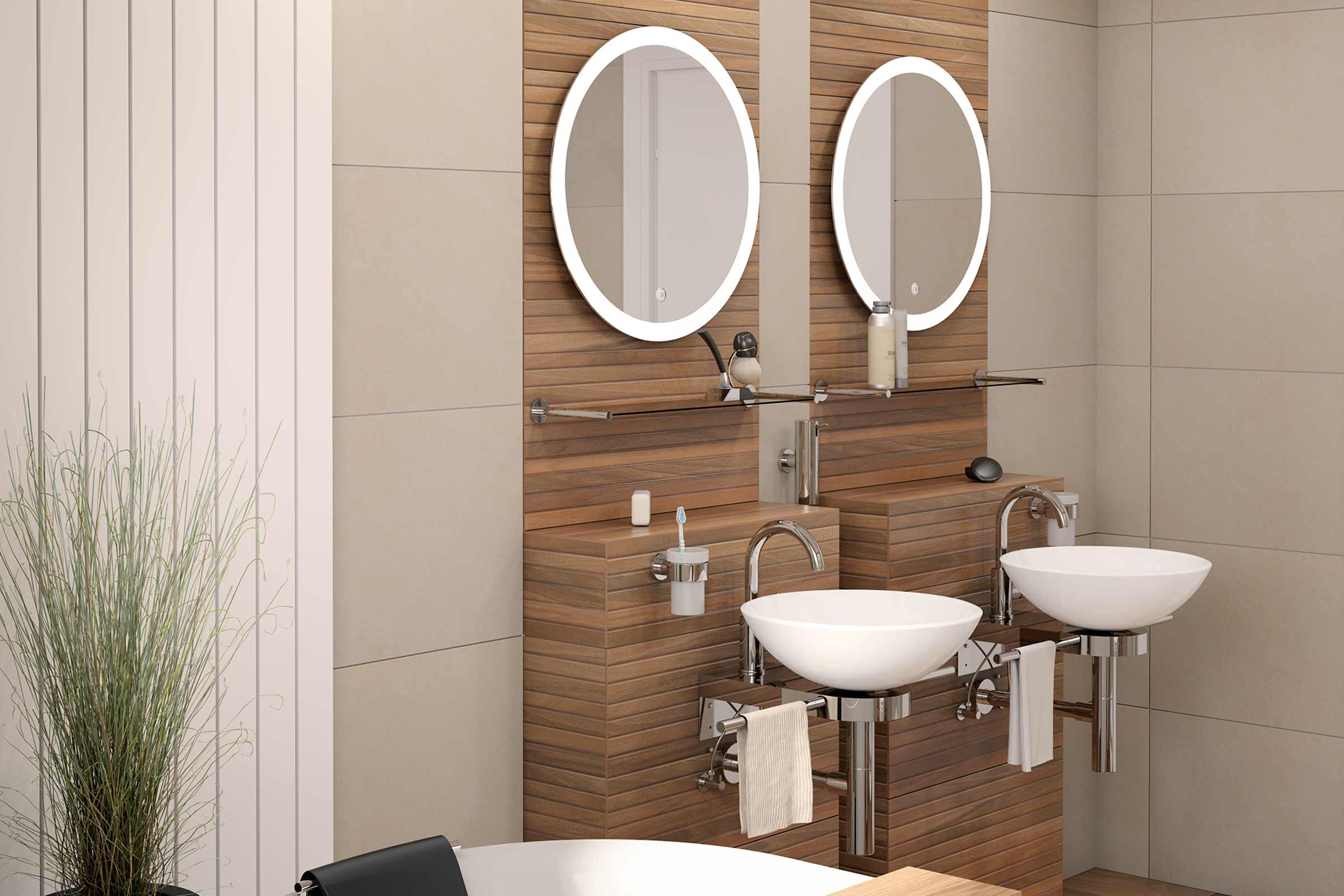 Badezimmer mit zwei Waschbecken, runden Spiegeln mit Beleuchtung, Ablage und Holzelementen