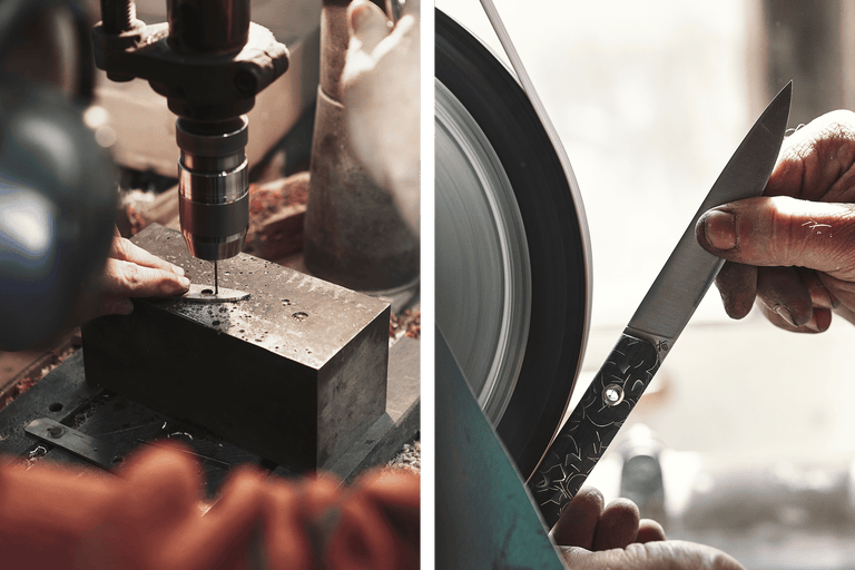 L'image montre une pièce de métal travaillée avec une perceuse et un couteau affûté sur une meule.