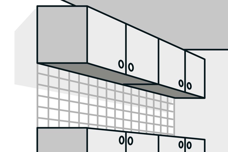 Küchenzeile mit Hängeschränken und Fliesen