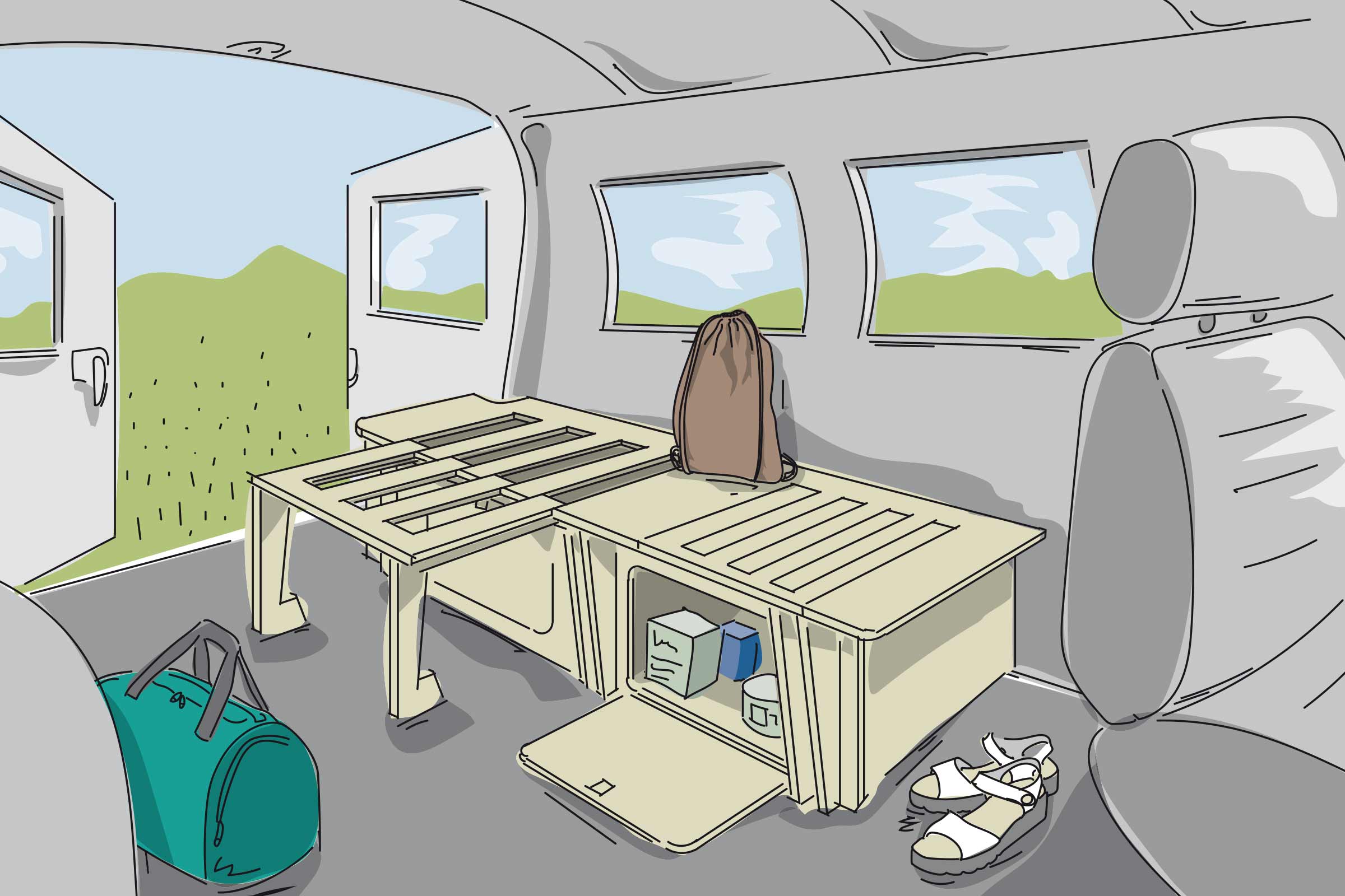 Illustration d'une camionnette propre et bien rangée, avec des solutions de rangement.