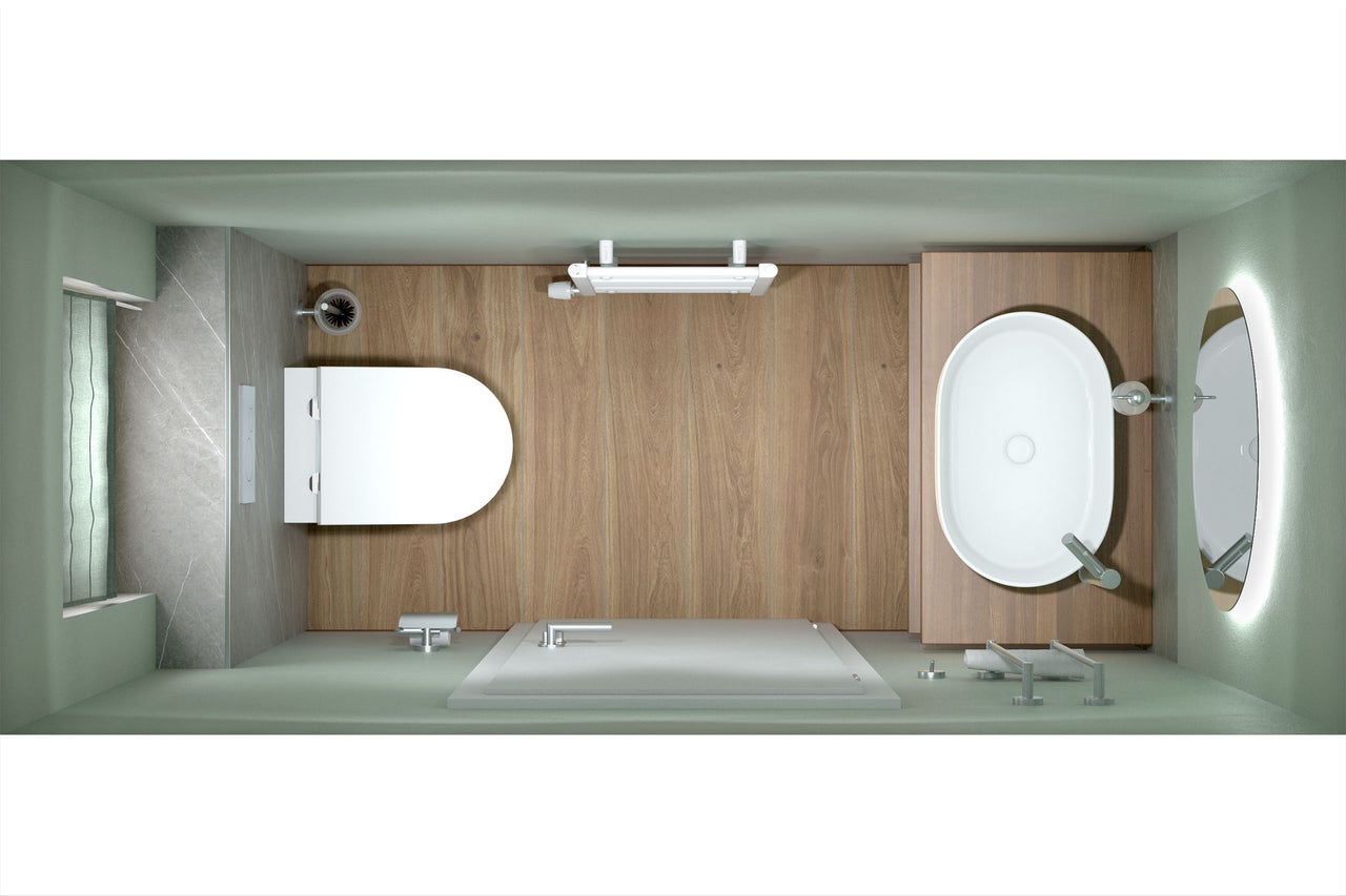 Vue de dessus d une salle de bains moderne avec WC suspendu, vasque à poser ovale sur console en bois, sol aspect bois et miroir rond.
