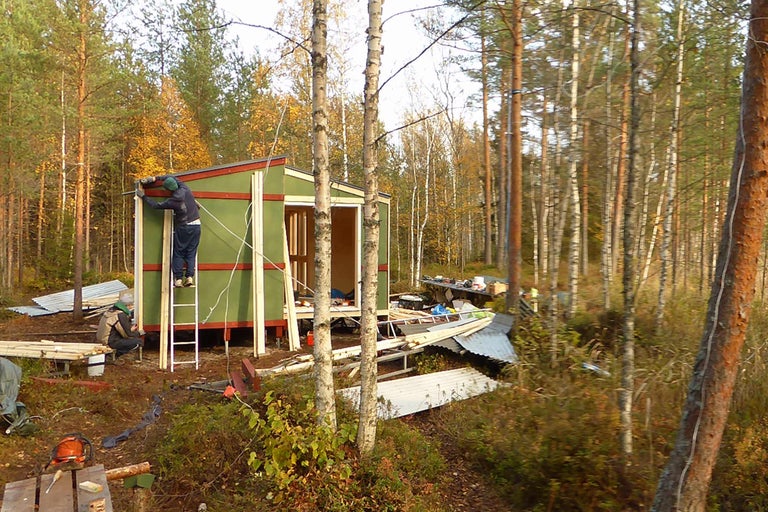 Im Wald wird ein Holzhaus gebaut. Eine Person arbeitet auf einer Leiter an der Hausfassade.