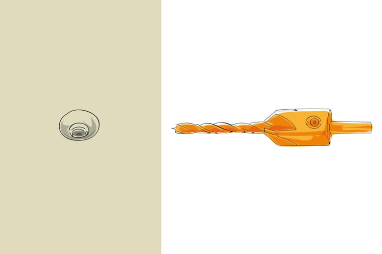 Illustration eines Senkkopfbohrers und einer versenkten Schraube