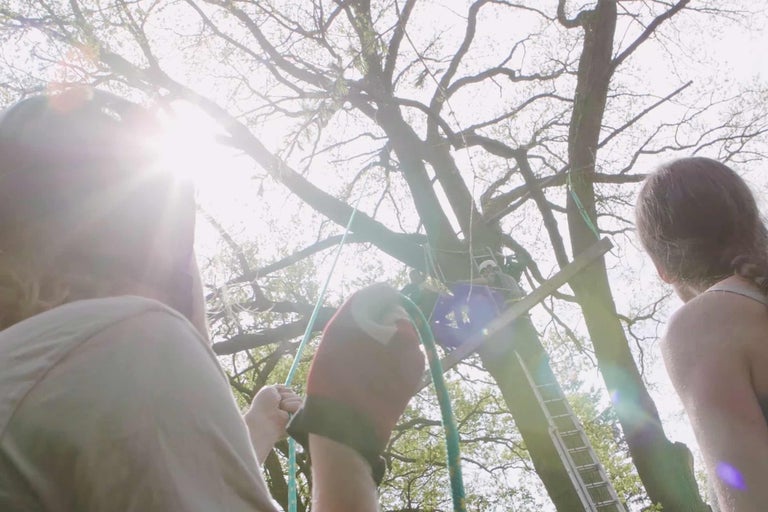 Personen bauen ein Baumhaus mit einer Leiter und Seilen.
