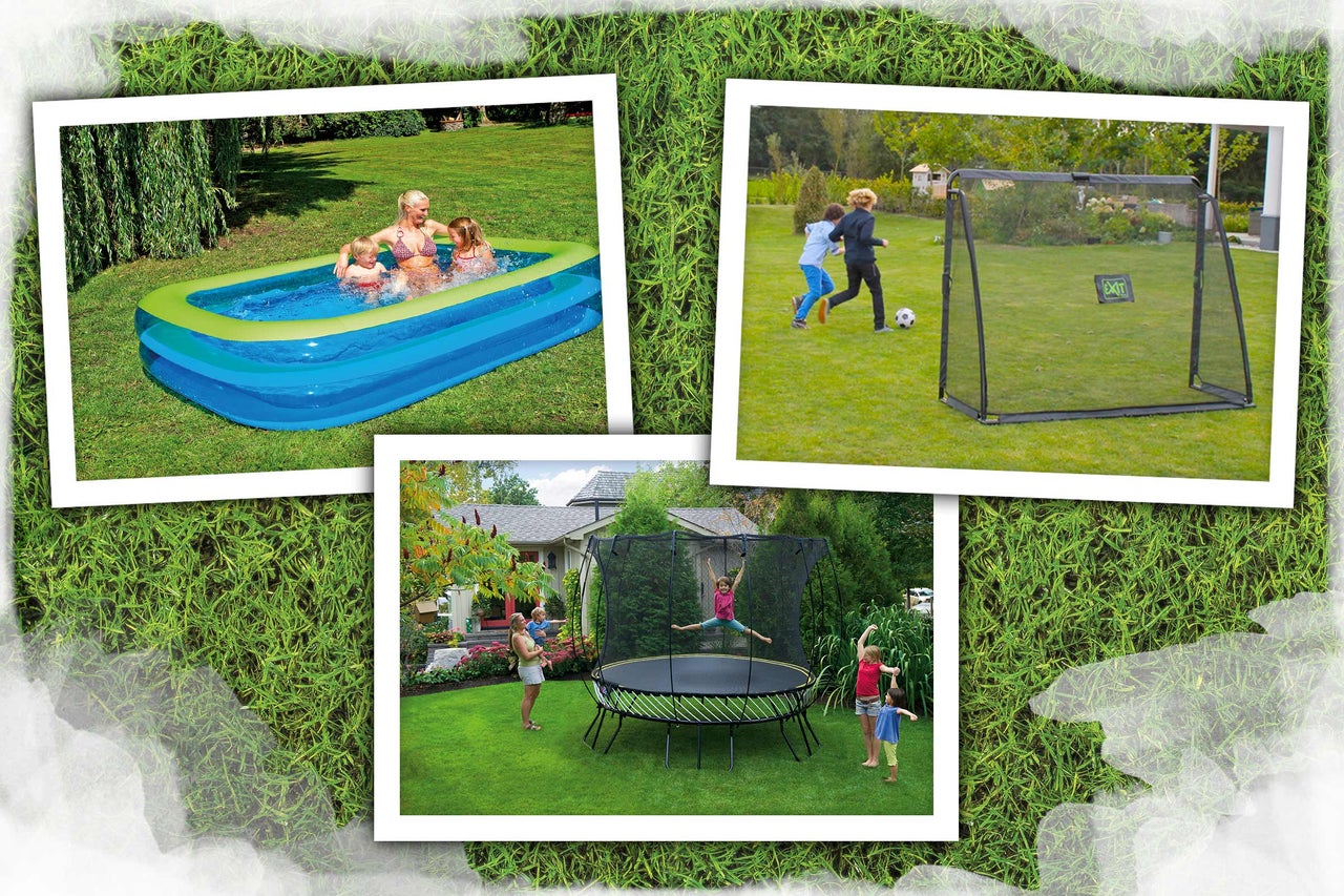 Collage mit einem Pool, einem Fussballtor und einem Trampolin im Garten.