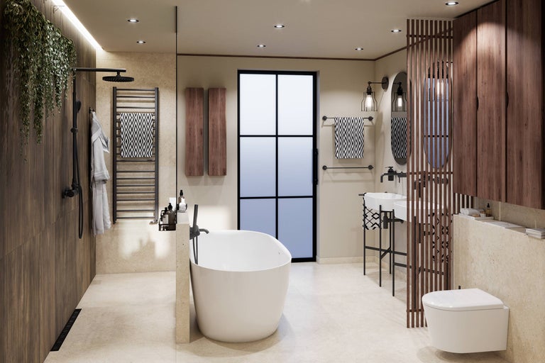 Salle de bains moderne avec baignoire en îlot, douche à l'italienne, double vasque, paroi de séparation en bois et carrelage aspect pierre.