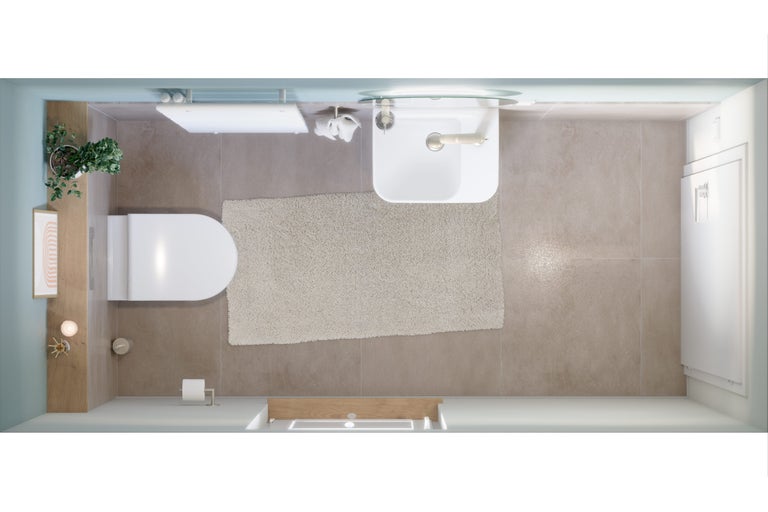 Aufsicht Badezimmer mit Toilette, Waschbecken und Badteppich